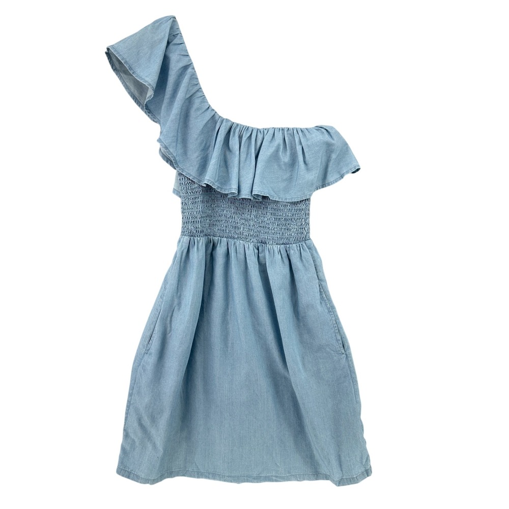 Joe's Jeans One Shoulder Ruffle Smocked Dress Light Indigo XS Retro 80s Party
